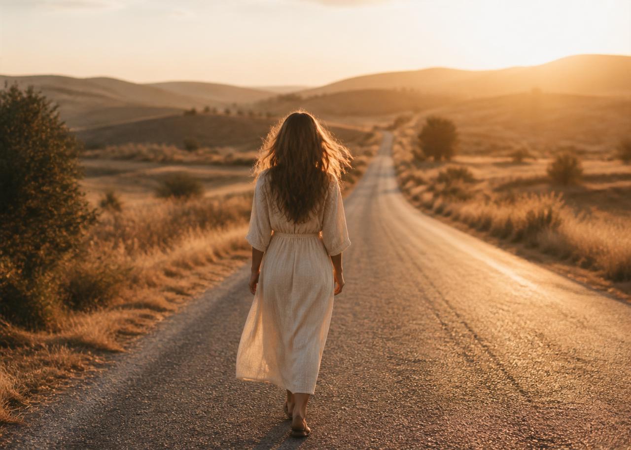 Mulher caminhando sozinha em estrada ao amanhecer